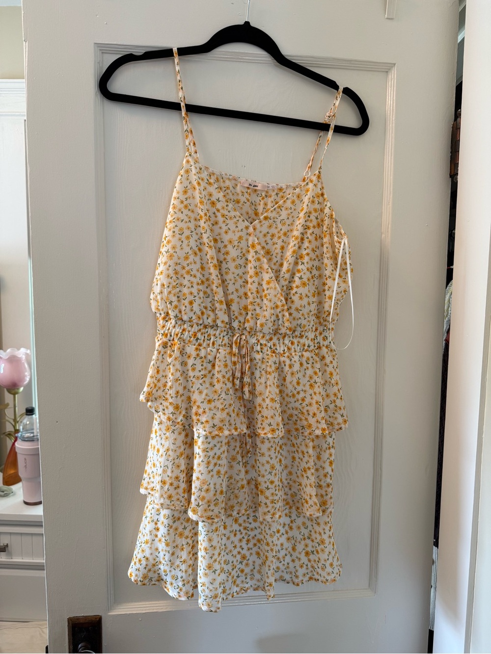 miami Yellow Floral Wrap-Style Spaghetti Strap Dress